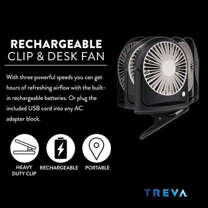 Treva 5 Inch Rechargeable Powered Clip Fan 3 Speed Slim and Portable Indoor and Outdoor Cooling Multi-Directional