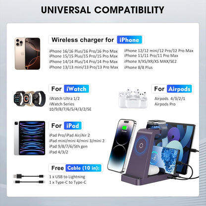Wireless Charger for iPhone - 5 in 1 Charging Station for Multiple Devices Apple: Fast Wireless Charging Stand Dock for iPhone 16e 16 15 14 13 12 Pro Max Apple Watch Airpods (Purple)