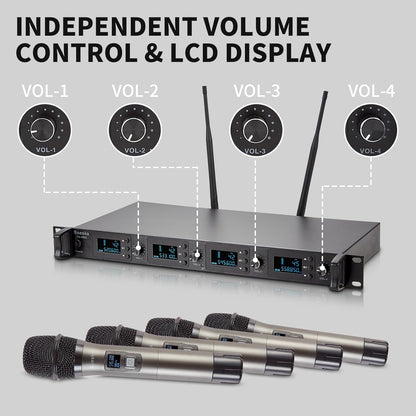 Wireless Microphone System, 4-Channel UHF Wireless Mic, Fixed Frequency Metal Cordless Mic with 4 Handheld Dynamic Microphones, 200ft Range, Mics for Singing, Church (4 Handheld)