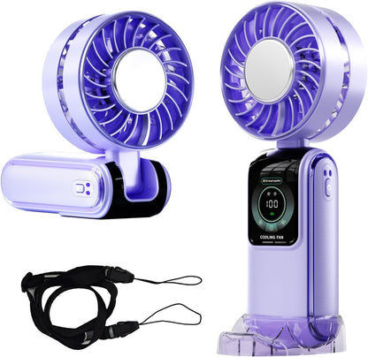 Blows Cold Air Portable Handheld Fan with Stand & Lanyard, 5000mAh USB-C Rechargeable Battery, 12H/5-Speed LED Display Mini Fan for Travel Beach Cruise Concerts Outdoor Events(Fantasy Purple)