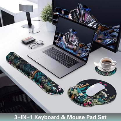 Mouse Pad with Wrist Rest Set, Qomolama 3-in-1 Wrist Support Mouse Pad Set, Floral Gaming Mousepad with Anti-Skid Base,Ergonomic Mouse Pad,Memory Foam Keyboard Gel Wrist Rest