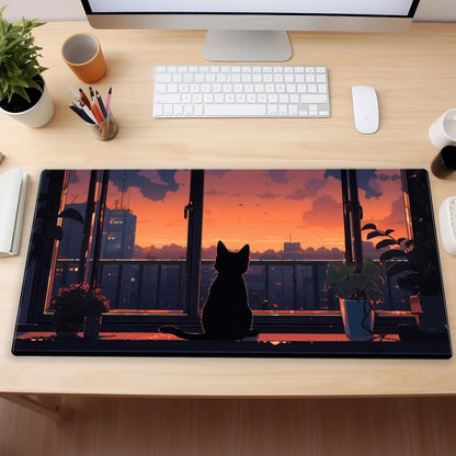 Lofi Aesthetic Desk Mat Cat Mouse pad Cute Orange Anime Mouse Pad Extra XL Large Gaming Mousepad for Desk 31.5''X15.7'' Laptop Computer Keyboard and Mouse Mat for Desk Decoration
