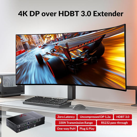 AV Access 4K DisplayPort 1.2a KVM Extender DP Over Ethernet HDBaseT 3.0 PoE, Uncompressed 4K Transmission up to 100m/330ft, 144-240Hz, 4*USB 2.0 Ports, 2-Way Audio, Zero Latency (4KEX100-DP-Pro)