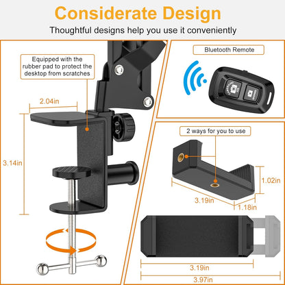 Overhead Phone Mount with 60 LED Portable Selfie Light and Phone Holder for Desk, Camera Mount Arm Stand with Remote, Overhead Stand for Video Recording, Live Streaming, TikTok, YouTube and Cooking