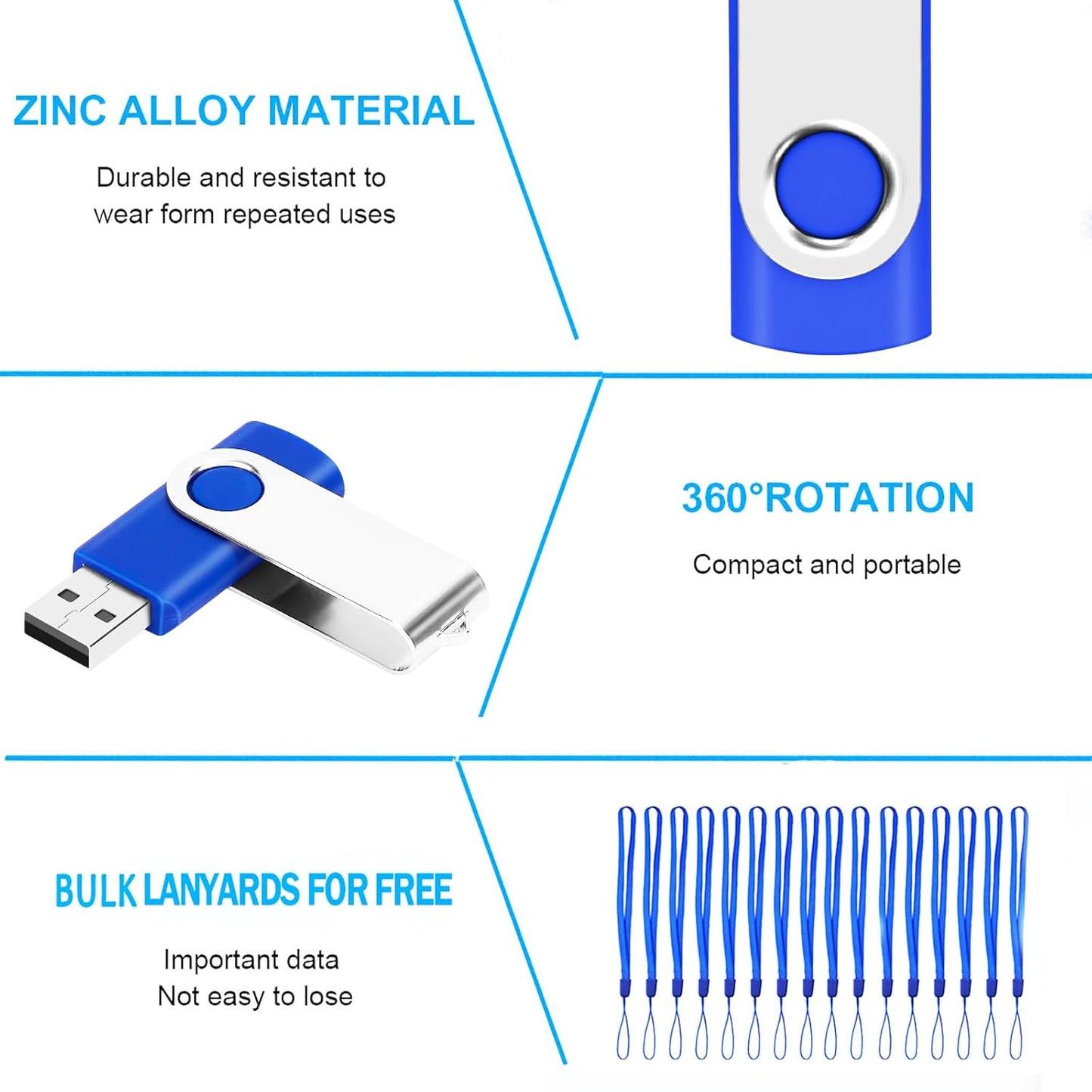 USB 8GB Bulk Flash Drives 50 Pack, EASTBULL USB 2.0 Swivel Thumb Drives Pack Metal USB Drives Fold Storage (Blue)