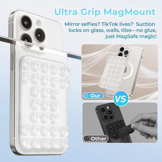 for MagSafe Suction Mount - 29 Silicone Suction Cup Phone Mount with Magnetic Phone Grip, for iPhone 12/13/14/15/16 Series, Hands-Free Sticky Grip for TikTok/Instagram, Transparent