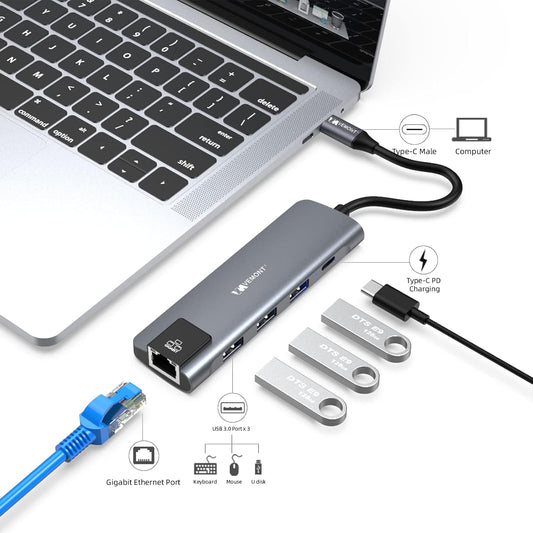 VEMONT USB C hub,5 in1 USB-C hub, Type-c multiport Adapter with Gigabit Ethernet, 3 USB 3.0 hub for Data, 100W Power Delivery, USB c hub for Laptop MacBook/ipad, and Other USB C Devices