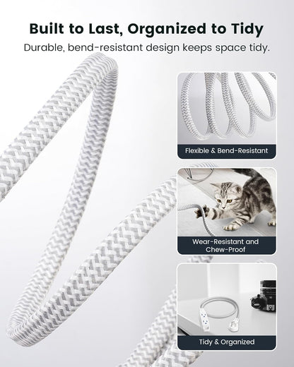 SURAIELEC Flat Extension Cord 3FT, 360° Rotating Flat Plug Extension Cord with 3 Outlets, Braided White Cord for Indoor Use, Small Space, Compact Areas, 16/3C SPT, ETL Listed, 2 Pack