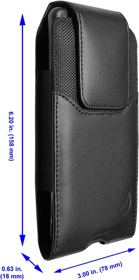 Leather Cell Phone Holster for T-Mobile REVVLRY+, REVVL 4, AT&T Fusion Z, Motivate, Jitterbug Smart3, Kyocera DuraSport 5G - Vertical Case Waist Carrying Pouch with Belt Clip/Loops, Black