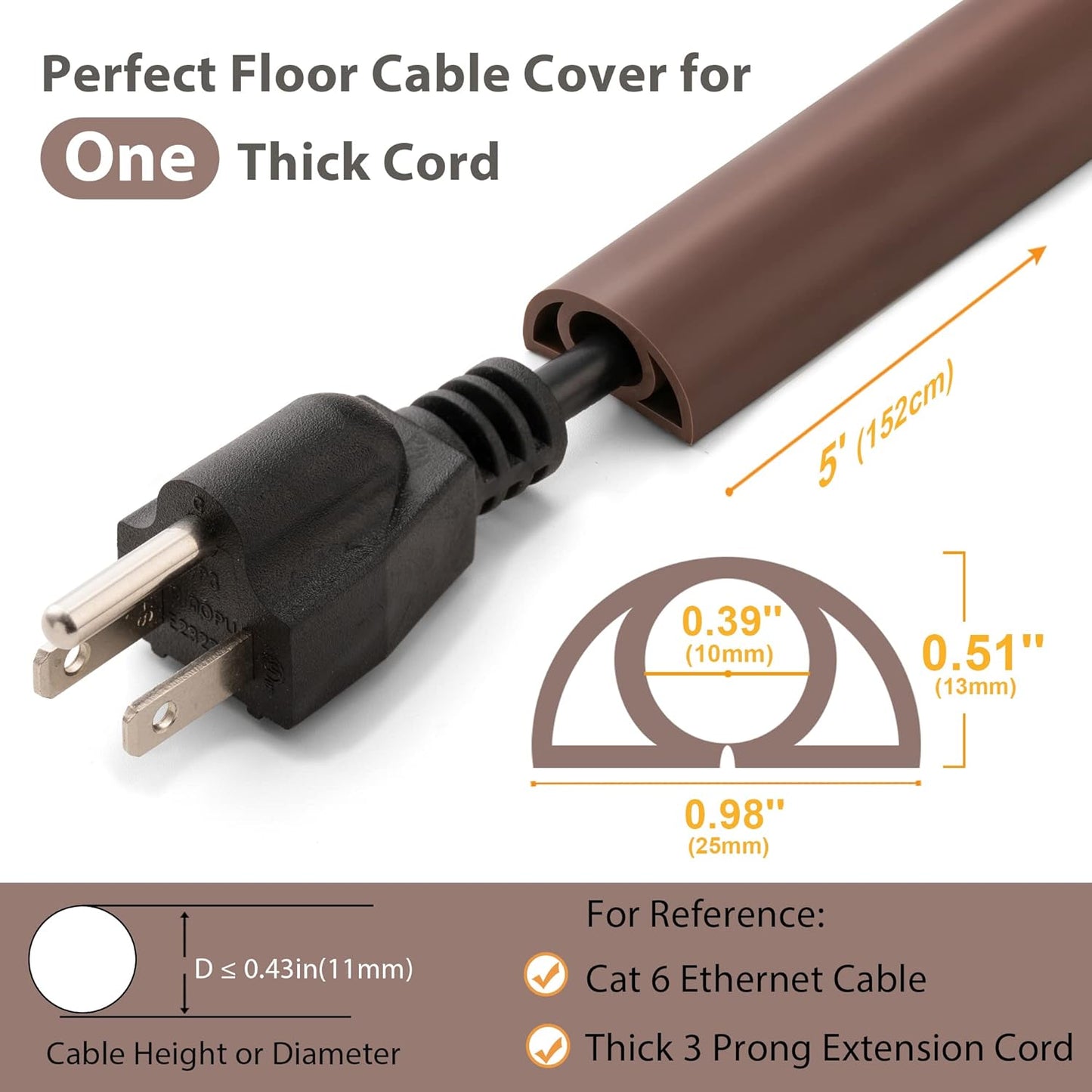 5ft Cord Cover Floor for Extension Cords, Self-Adhesive Floor Cable Cover to Protect Cables & Prevent Tripping, PVC Cord Hider Protector, Internal Wire Management Channel Diameter: 0.39",Brown