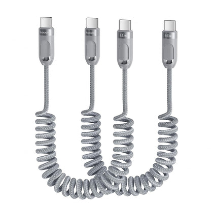 Coiled USB C to USB C Cable 2Pack 3FT Braided Retractable Fast Charging Cable for Car, Compatible with iPhone 16/15 Pro Max/Galaxy S24/S23/S22, Supports Car Play & Android Auto-Grey