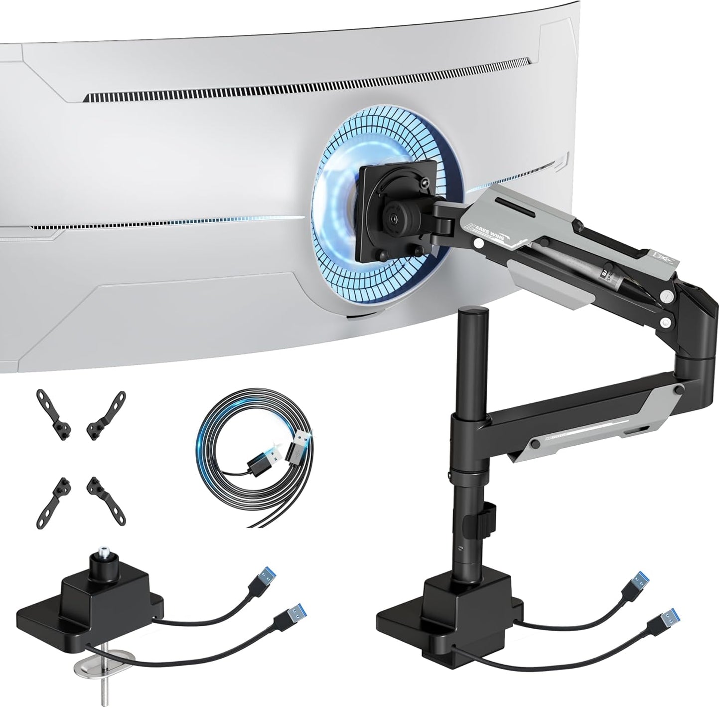 ARES WING Single Monitor Mount with USB, Ultrawide Monitor Arm for 24 to 57 Inch Heavy Duty Curved Screen, Adjustable Gas Spring Monitors Arm Stand up to 66LBS with 75/100/200 Vesa Mount, Black