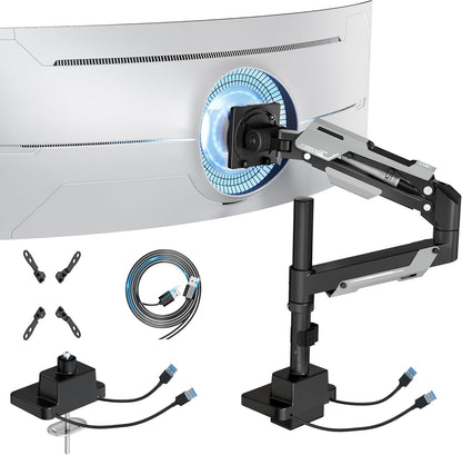 ARES WING Single Monitor Mount with USB, Ultrawide Monitor Arm for 24 to 57 Inch Heavy Duty Curved Screen, Adjustable Gas Spring Monitors Arm Stand up to 66LBS with 75/100/200 Vesa Mount, Black