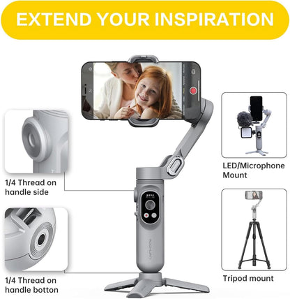Gimbal Stabilizer for Smartphone w/LED Light Face Tracking Inception Timelapse Handheld Foldable 3-Axis Gimble for iPhone 15 14 13 12 11 Pro Max Android Galaxy S23 YouTube TikTok Vlog AOCHUAN Smart X