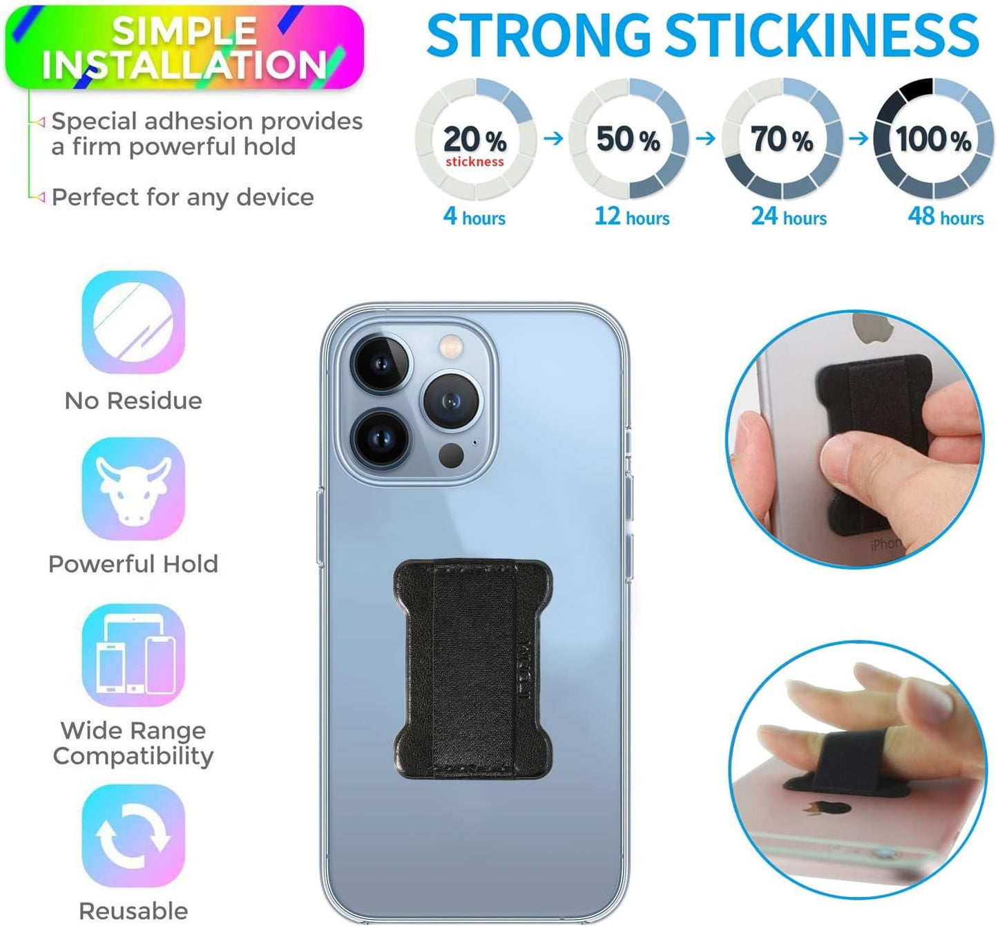 Universal Phone Grip for Smartphones - Phone Holder for Hand for Back of Phone - Wireless Charging Compatible (Black Green) - 2Pack