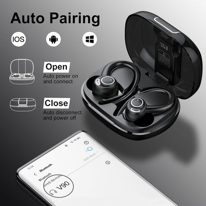 Wireless Earbuds Bluetooth 5.3 Headphones Sports, 48Hrs Playtime Bluetooth Earbuds with CVC 8.0 Mic, Stereo Bass Over Ear Bud with Earhooks, LED Display, IP7 Waterproof Earphon for Workout/Running