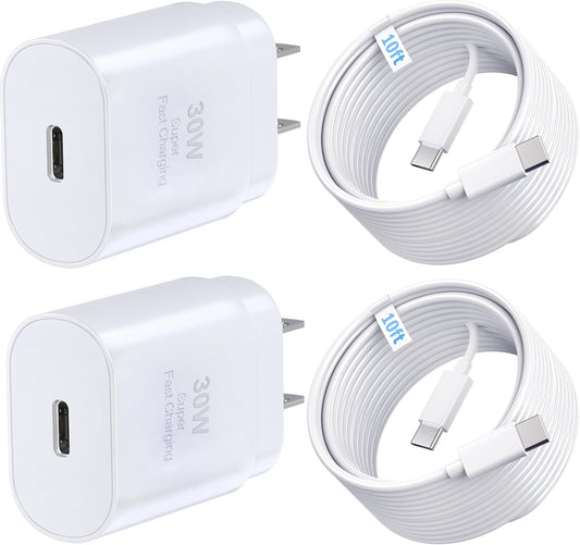 Phone 15 16 Charger, 30W Super Fast Charging, USB C Block Type C Cable Cord 10ft for iPhone iPhone 16,16 Plus,16 Pro,16 Pro Max, iPhone 15, iPad Pro 12.9/11, Galaxy S24,S23-2Pack