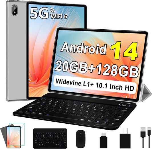 Android 14 Tablet 10 Inch Tablets, 20GB+128GB/1TB Expandable, Tablets with Octa-Core, WiFi 6, Dual Camera, BT 5.0, 6000mAh Battery, HD IPS Display, Widevine L1, Tablet with Keyboard Mouse - Sliver