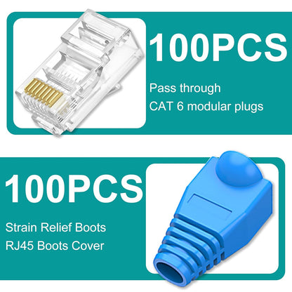 100-Pack Cat 6 Pass Through RJ45 Connectors with RJ45 Boots Cover (Cat6 Connector/ Cat5e Connector/Ethernet Ends/Cat 6 Ends/ RJ45 Modular Plugs) for Solid or Stranded UTP Cable