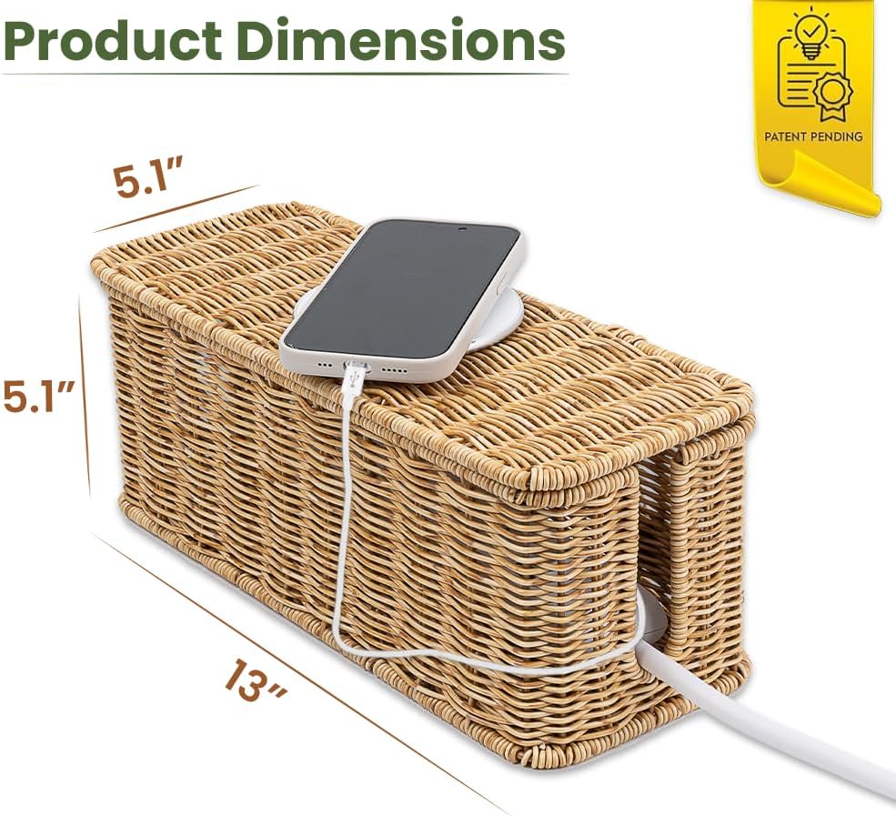 Cable Management Box, Handmade Rattan Cable Organizer, 2 Open Slots Cords Hider Box, Under Desk Cord Organizer for Computer Router USB Hub & Power Strip, Patent Pending, 13" x 5.1" x 5.1", Natural
