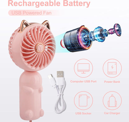 QearFun Handheld Lanyard Fan Portable, Mini USB Rechargeable, 3 Speed Strong Personal, 8-12 Hours Small Makeup for Girls Women Travel Beach (Pink&Green)