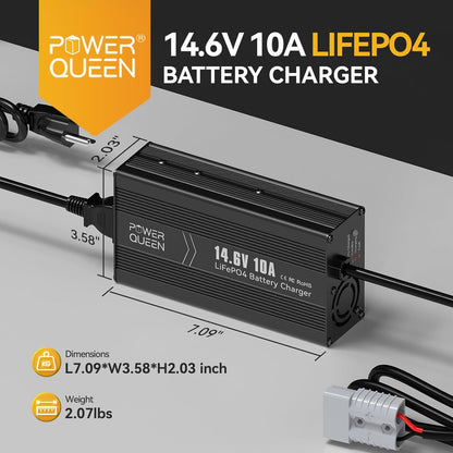 power queen 12.8V 100Ah Deep Cycle Lithium Iron Phosphate Battery with 14.6V 10A Dedicated LiFePO4 Battery Charger, Constant Charged, Ideal Bundle for RV, Camping, On-Grid and Off-Grid System