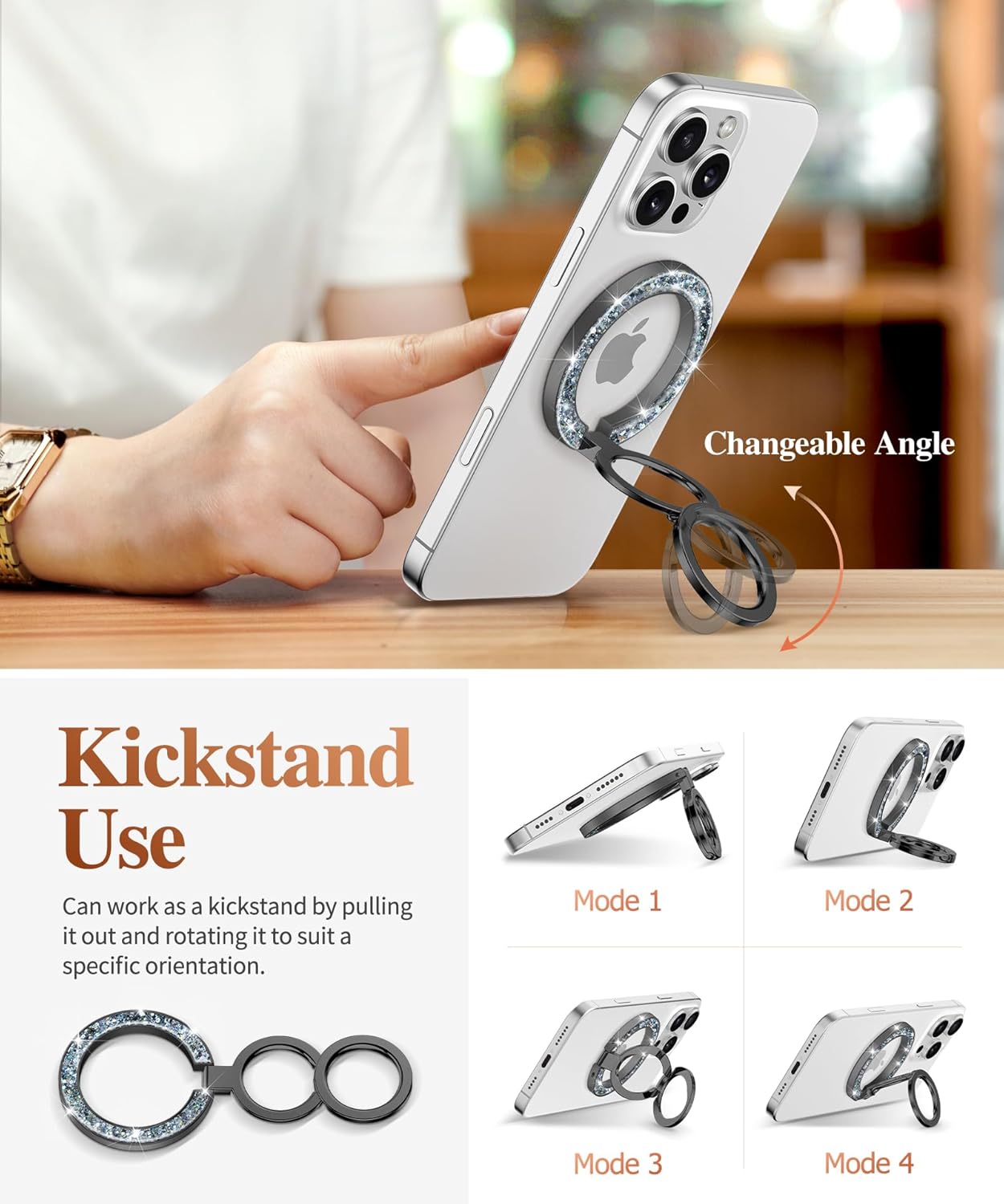 GVIEWIN Magnetic Phone Ring Holder, Compatible with MagSafe Phone Grip with Adjustable Stand, Magnet Phone Ring Kickstand for iPhone 16 Pro Max/Plus/15/14/13/12 Series/Other Phones (Glitter/Black)