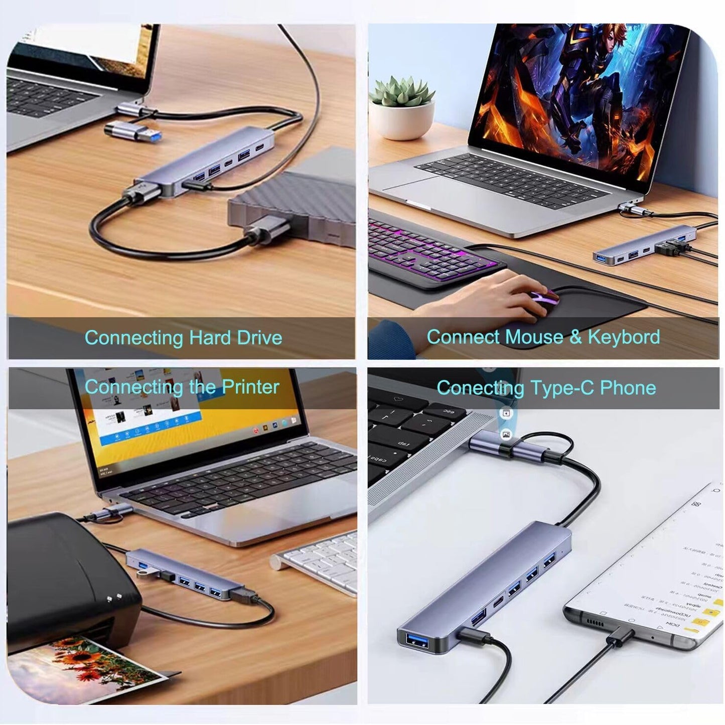 VIENON Aluminum USB C & USB Hub 7-in-1 with USB 3.0, USB-C Ports for PC/Laptops/MacBook Pro/Air/iMac/iPad and More Devices