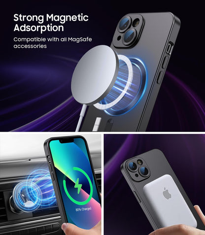 Magnetic for iPhone 13 Case [Compatible with MagSafe][Built-in Camera Lens Protector] Slim Soft Silicone Bumper Shockproof Metallic Luster Phone Case (Black)