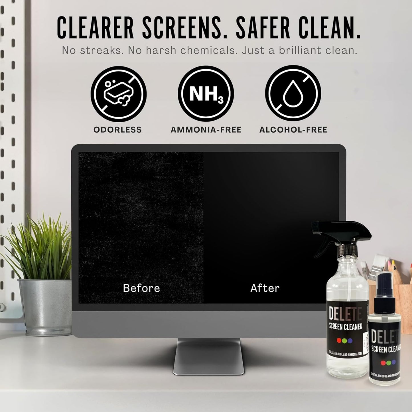 Delete Screen Cleaner Spray Kit, 2 Pack, 16oz and 2oz Bottle and 12"x12" Microfiber Cleaning Cloth, Streak-Free, Safe and Gentle Formula, Multi-Purpose for TVs, Computers, Monitors, Smart Phones