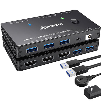 HDMI2.1 KVM Switch 2 Computer 1 Monitor 8K@60Hz, KVM Switch HDMI 2 Port with 3 USB3.0, Wired Remote, Power Adapter and USB Cables