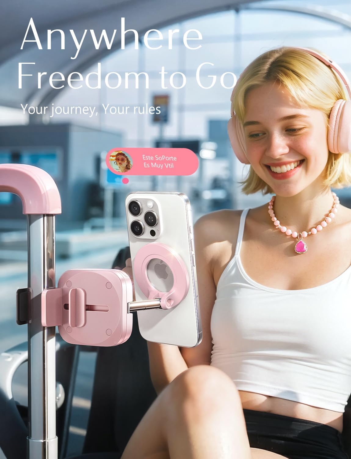 LISEN Airplane Phone Holder Travel Essentials for Women Long Flight Essentials Must Haves Handsfree for MagSafe Phone Stand Beach Vacation Cruise Essentials 2025 for iPhone 16 Pink