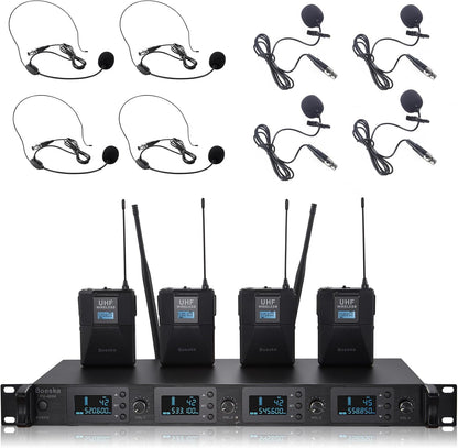 Wireless Microphone System 4 Channel UHF 4 Lavalier Lapel Headset Mics for Karaoke Church Speaking Conference Meeting Party, 4x25 Adjustable Frequency (4 Bodypack)