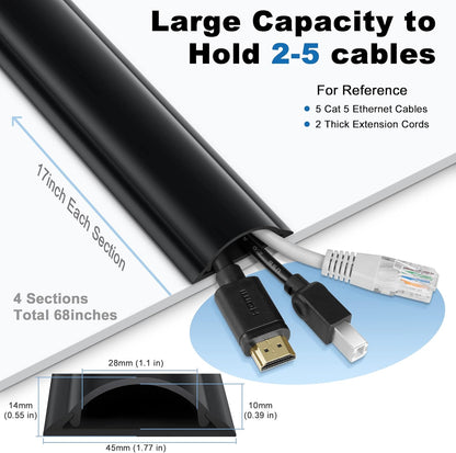 ZhiYo Cord Hider Floor 68in(4xL17in), Rigid PVC Floor Cord Cover, Hard PVC Floor Wire Cover, Floor Cable Cover for Cable Management Floor, Cable Floor Cover Black, Cord Cavity - 1in W x 0.35in H