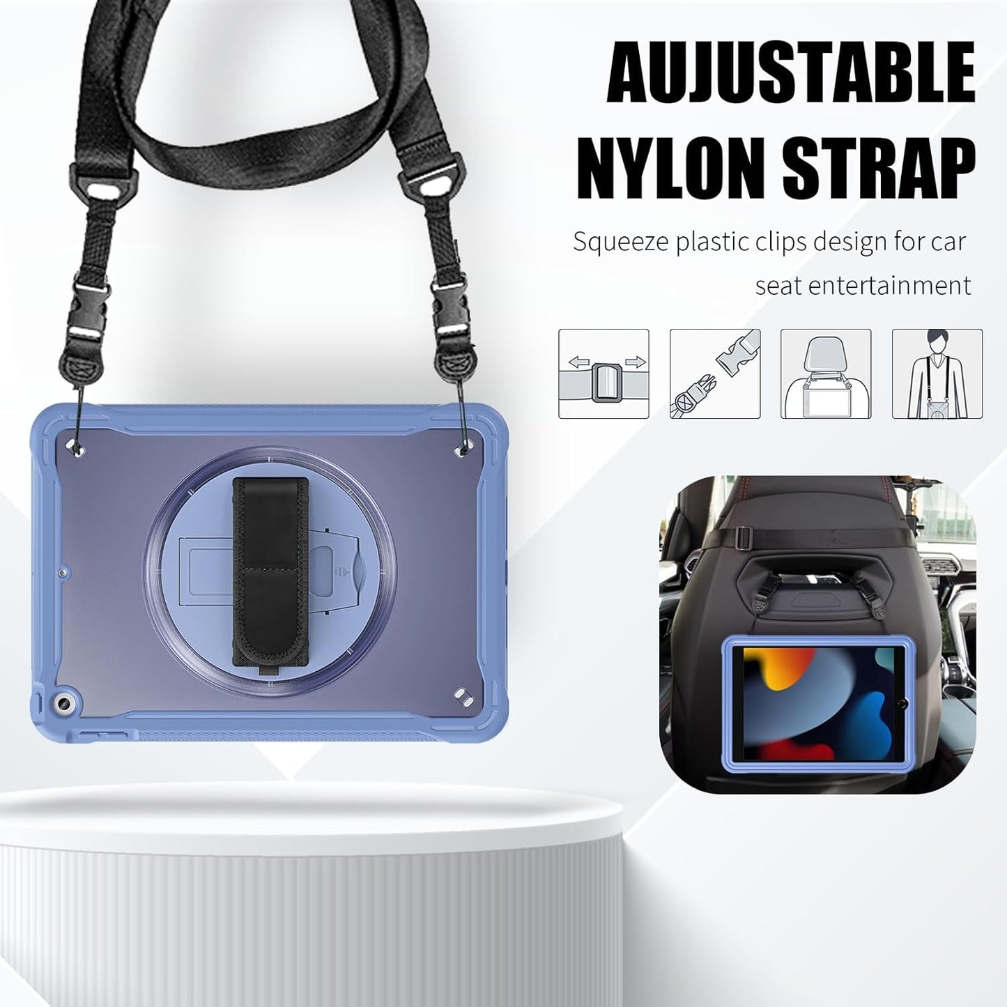 ZenRich Clear Case for iPad 9th/8th/7th Generation 10.2 inch 2021/2020/2019, Shockproof Slim Hard Case with Pencil Holder/360°Rotating Kickstand/Handle/Carrying Strap, LavenderGrey