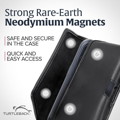 Turtleback Belt Holder for iPhone 16 Pro Max, 15 Pro Max, 14 Pro Max -Small- Fits w/Slim MagSafe Style Cases, Premium Black Leather Horiz. Belt Holster, Magnetic Closure, Leather Wrapped Clip