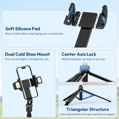 ULANZI TT88 Magnetic Tripod for iPhone, 57" Extendable Selfie Stick with Remote, 2-in-1 Phone Clip & Dual Cold Shoe Mounts - Lightweight Phone Tripod Stand for Vlogging, Travel, Video Recording, Black