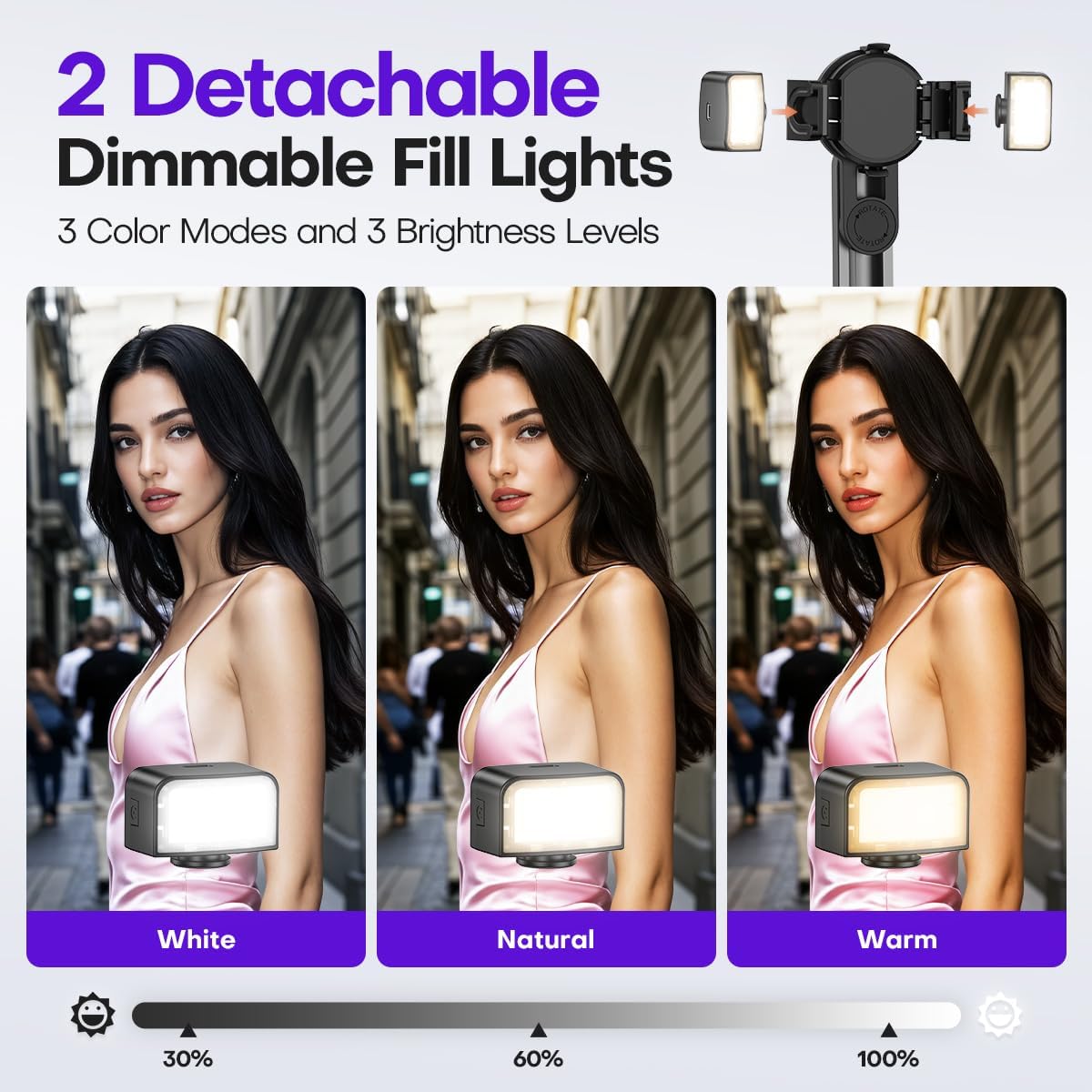 Magnetic Mini Phone Selfie Stick with 2 Fill Light, 360° Rotation Portable Phone Travel Tripod with Remote Control,Magnetic Chuck ＆ Clip Selfie Stick for iPhone Android TIK Tok/Live/Video Recording
