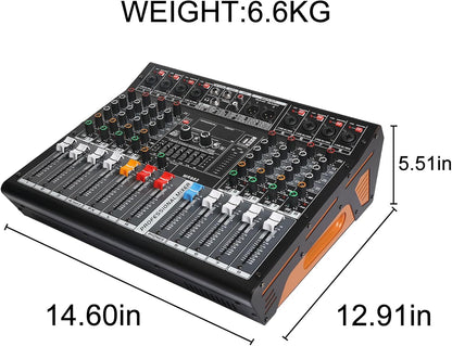 Audio Mixer 8 Channel, DJ Mixer Board with Power Amplifier, Audio Sound Card with 48V Phantom Power, Usb Audio Interface, Sounds Mixer Board with 99 DSP FX Reverb Delay Effect for Streaming