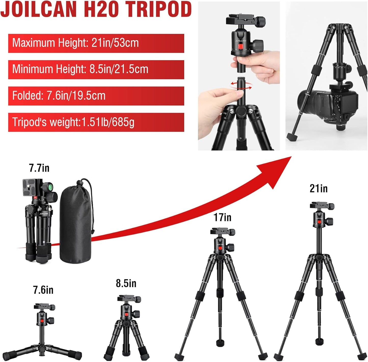 JOILCAN Mini Tripod for Camera, 21" Aluminum Desktop Tripod with 360° Ball Head, Portable Travel Tripods for DSLR Phone Projector, Load up to 15lb