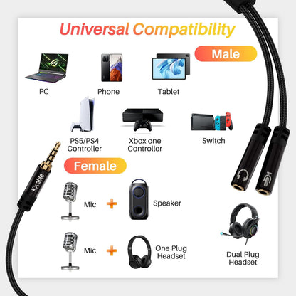 1/8inch Aux Headphone Splitter 2 Way Cable 1FT, 3.5mm 1 Male to 2 Female Mic and Audio Y TRRS Adapter, Compatible with Headset Earphone Switch 2/PS4/PS5 Steam Deck Xbox PC Laptop Phone Tablet Gaming