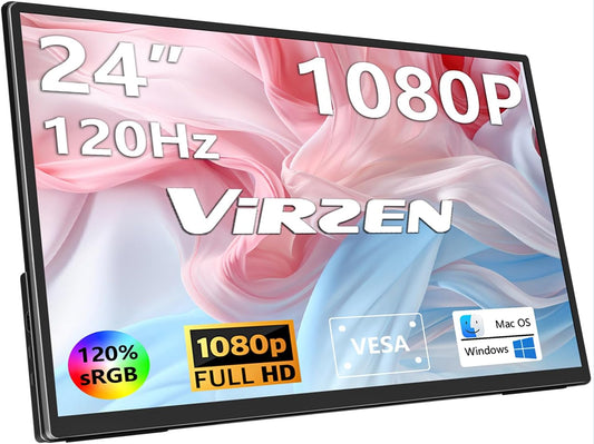 24'' Large Portable Monitor, FHD 120HZ 120% SRGB IPS USB-C HDMI Work Home Gaming Built-in Stand Speakers Second Monitor 1080P for Laptop, MacBook, Phones