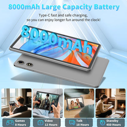 Android 15 Tablet 10 Inch, 26GB RAM+256GB ROM/2TB Expandable Tablet, 2 in 1 Tablets with Keyboard Case Mouse Stylus, 2.0GHz Octa-core CPU, IPS HD Screen, 5G WiFi BT 5.0, 8000mAh Battery (Silver)