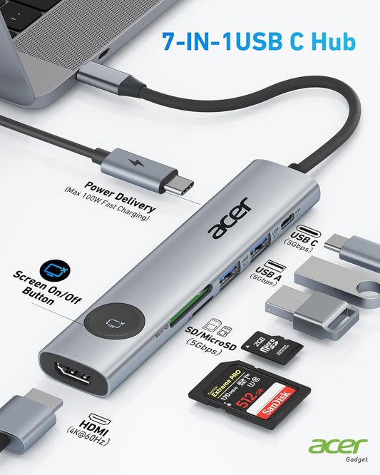 Acer USB C to HDMI Multiport Adapter, 7 in 1 USB-C Hub with HDMI 4K@60Hz, 100W PD, 2 USB-A 3.1 and 1 USB C 3.1 with 5Gbps, SD Card Reader, Type C Dongle for MacBook Pro/air, iPad, iPhone 16/15, Grey