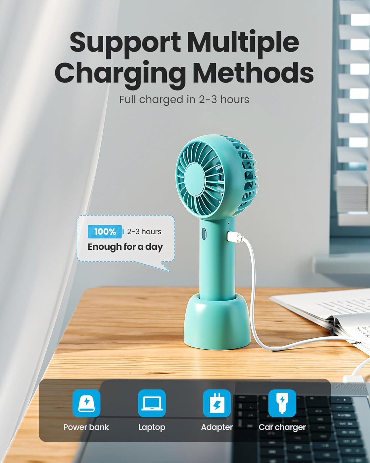 Gaiatop Mini Portable Fan, Small and Powerful, Cute Design 3 Speed Personal Handheld fan and Desktop with Base, Lightweight USB Rechargeable for Travel Lash Makeup Girl Women Summer Gift Green