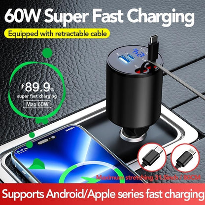 Retractable Car Charger, 4 in 1 Super Fast Car Phone Charger 60W, 2 Retractable Cables and 2 USB Ports Car Charging Adapter,Compatible with iPhone 16/15/14/13/12/11,Air-Pods 4,Galaxy,Pixel