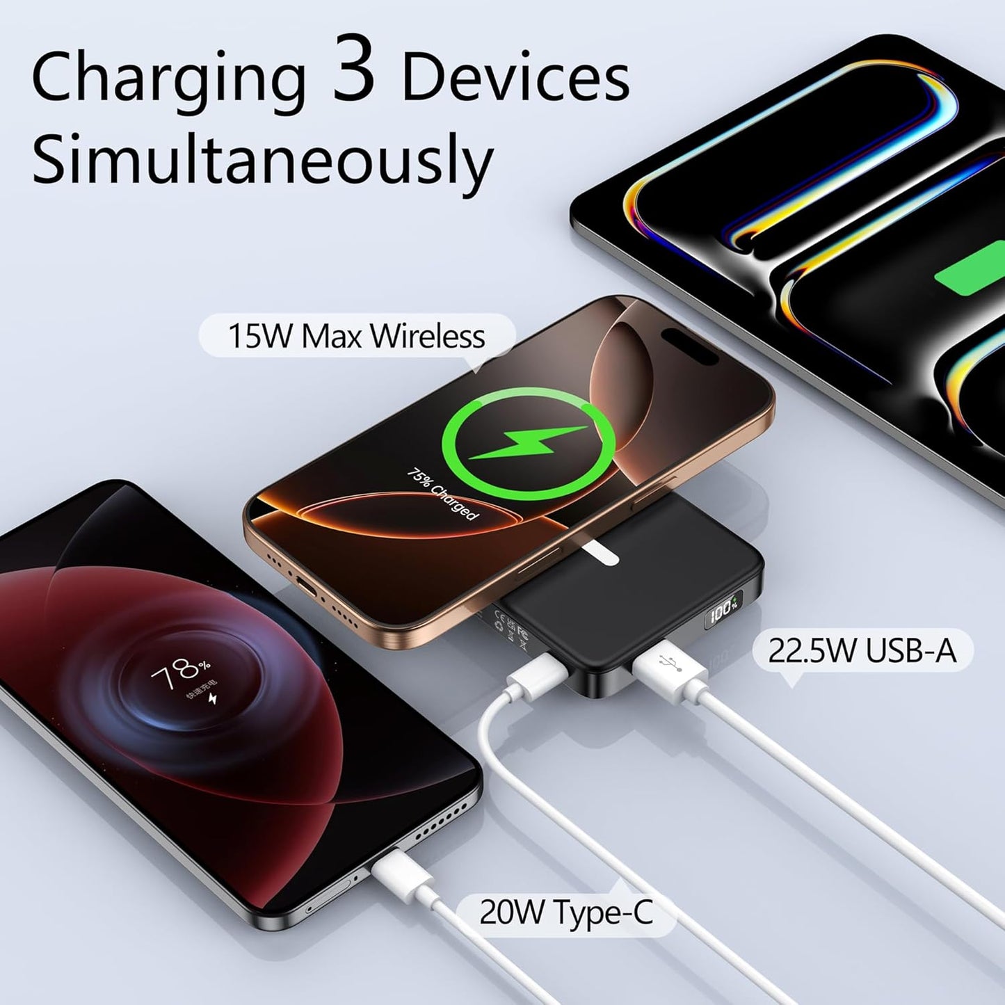 YUJE for Magsafe Battery Pack Magnetic Power Bank 10000mAh, Wireless Portable Charger with Foldable Stand Dual USB-C & USB-A Port Fast Charging Compatible with iPhone 16/15/14/13/12 Pro/Max/Plus