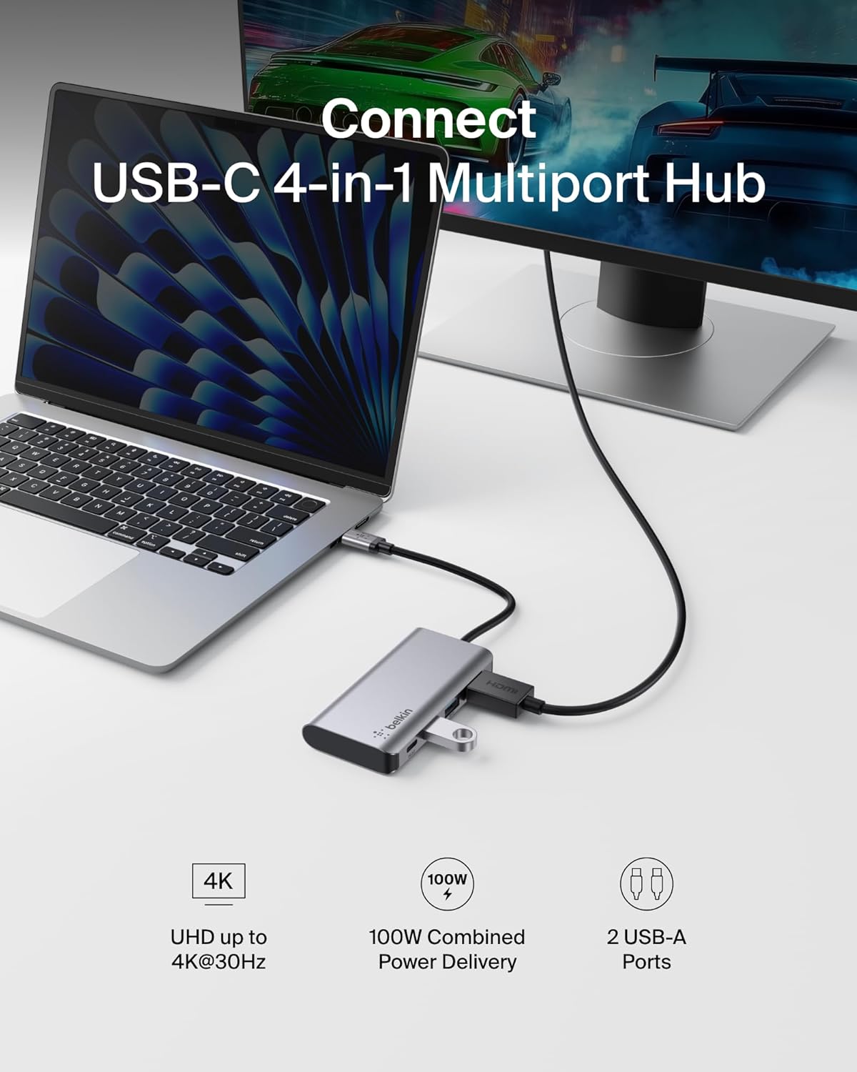 Belkin USB C Hub, 4-in-1 Multi-Port Laptop Dock with 4K HDMI, USB C Docking Station with 100 Watt Pass-Through Power Delivery, 2 X USB A Ports For MacBook Pro, Air, iPad Pro, Chromebook and More