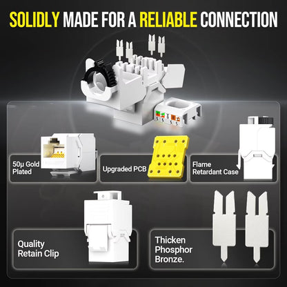 AMPCOM CAT6 RJ45 Keystone Jack - Reusable UTP Ethernet Wall Jack with Adjustable Ratchet Lock Design, No Tool and Zip Tie Required - 50u Gold Plated - White (6-Pack)