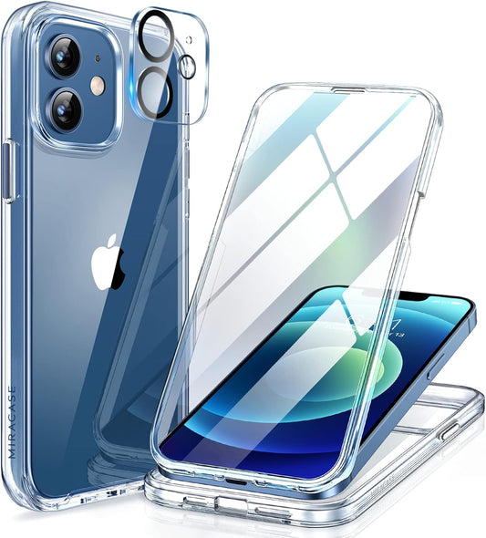 Miracase Glass Case for iPhone 12/12 Pro 6.1 inch, Upgraded Full-Body Rugged Phone Bumper Case Cover with Built-in 9H Tempered Glass Screen Protector and Camera Protector, Clear